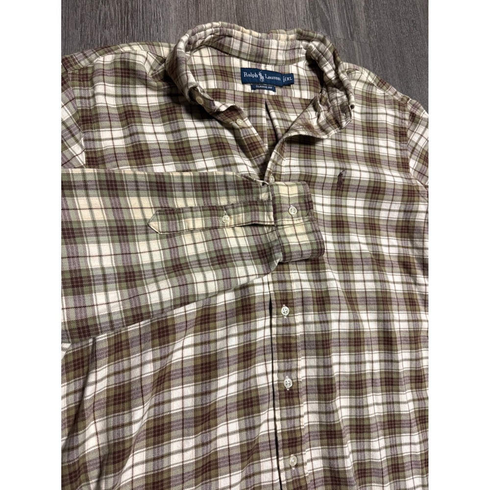 Ralph Lauren Classic Fit Plaid Button Down Shirt Mens XL Olive Green Brown